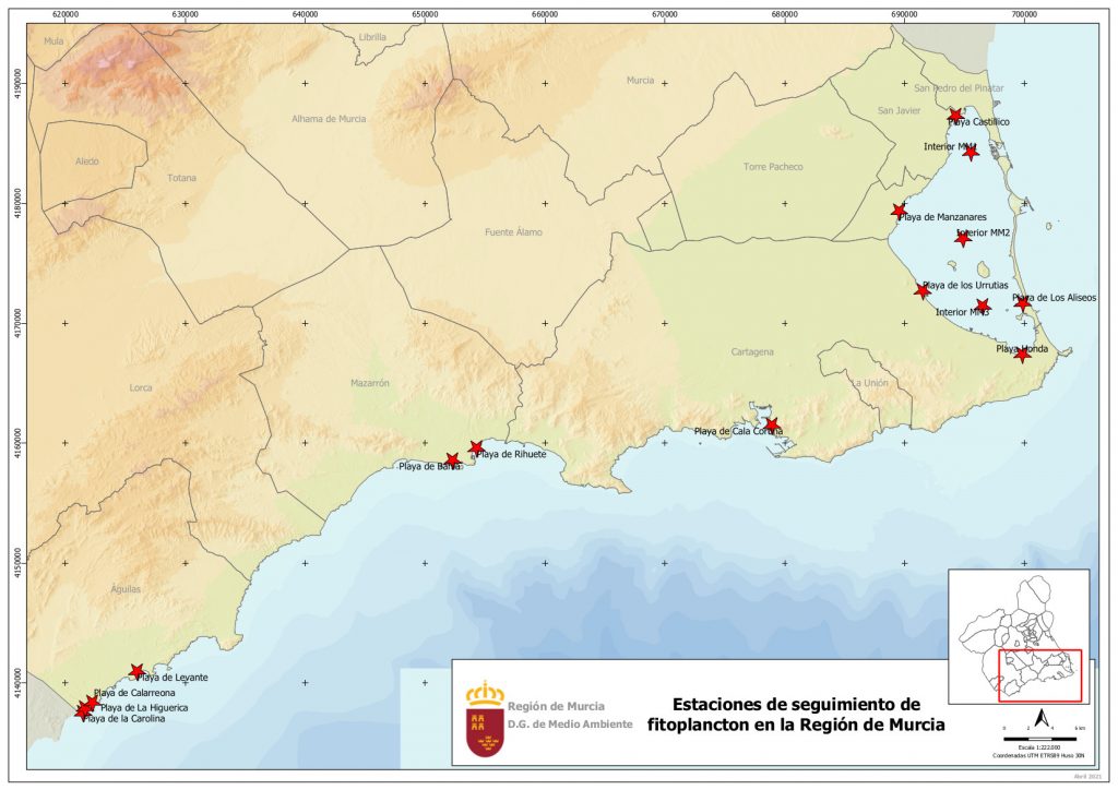Mapa de estaciones de seguimiento de fitoplancton en la Región de Murcia