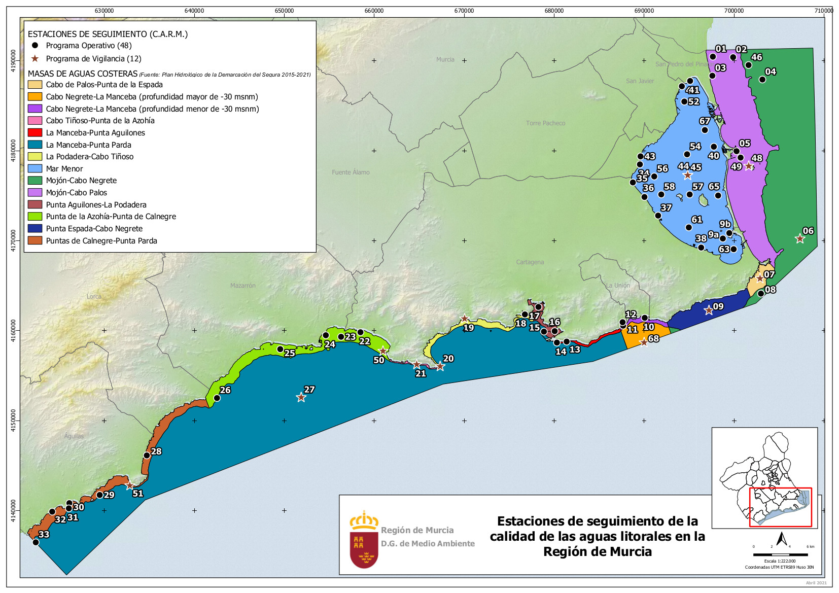 Estaciones de seguimiento de la calidad de las aguas litorales en la Región de Murcia