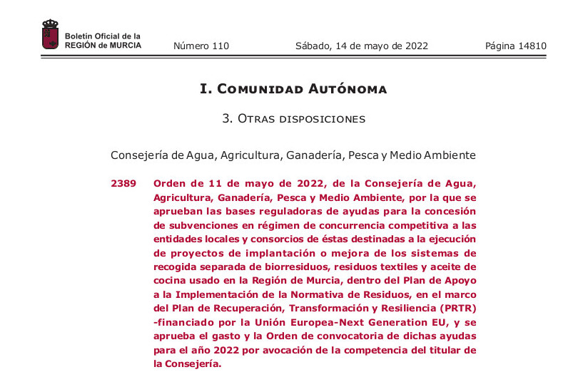 Imagen BORM orden subvenciones